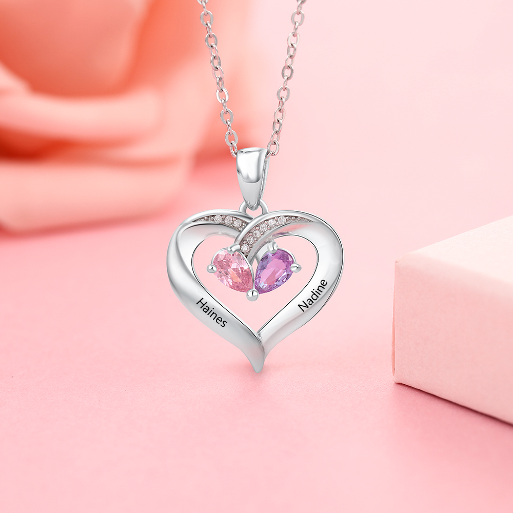 Personalised Heart Mother Necklace With 2 Birthstones Engraved Names Gifts For Her-Jessemade AU