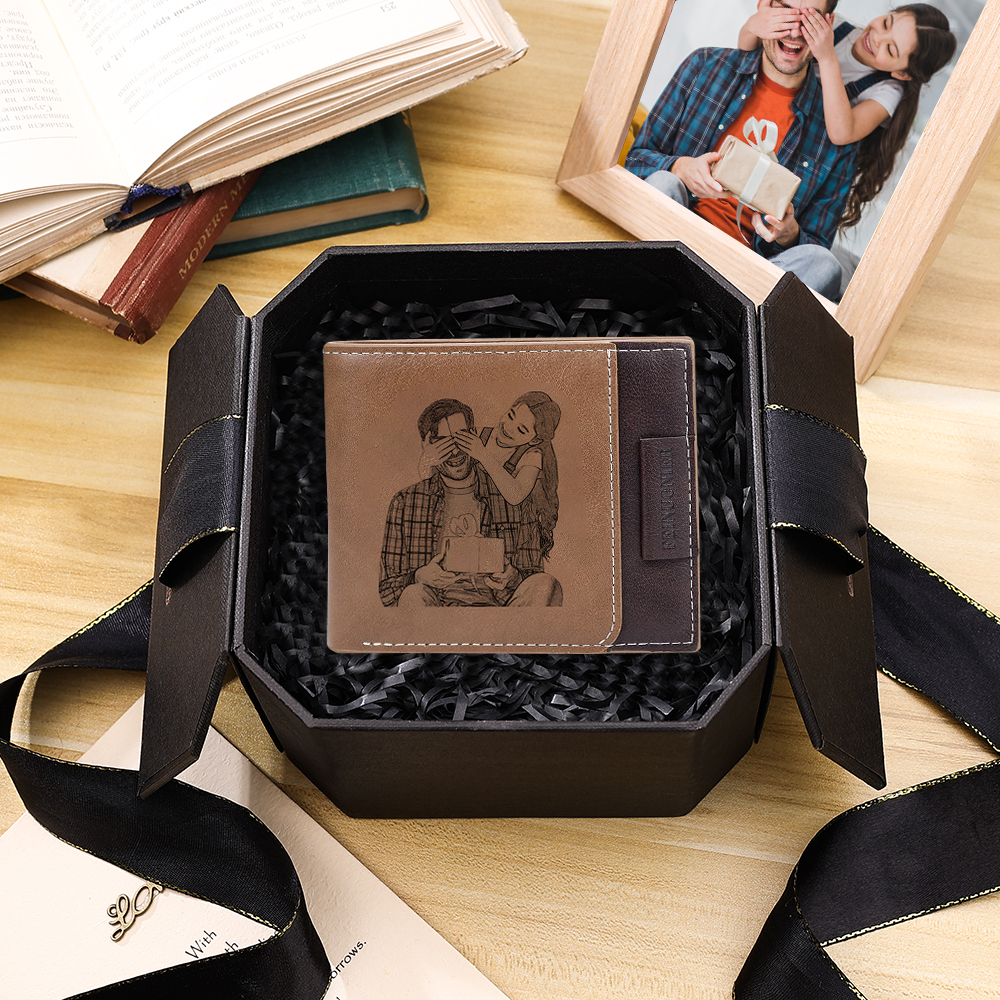 Brown Personalised Leather Wallet Engraved Photo Short Purse Folding Wallet Gifts For Men