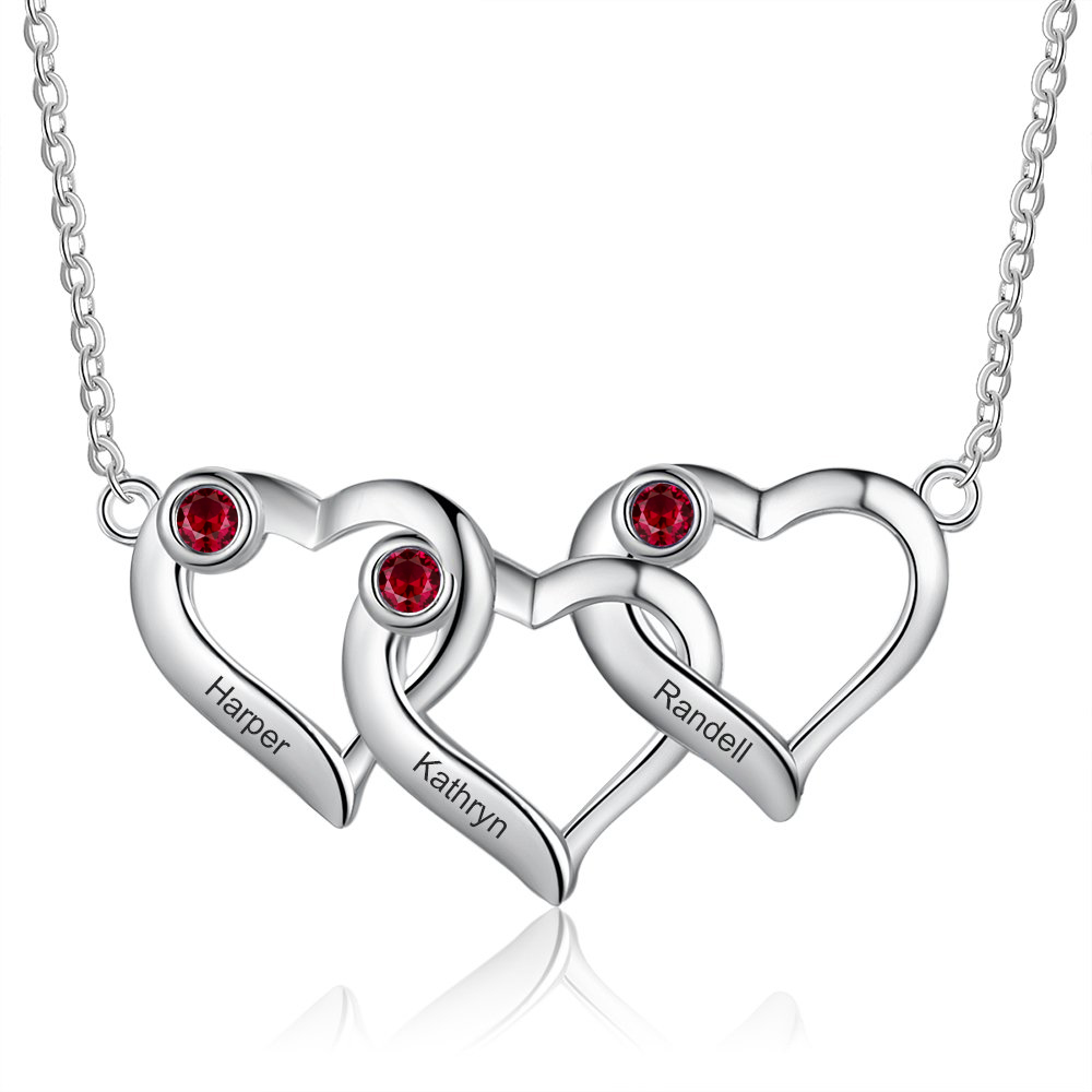 Personalised Heart Necklace With 3 Birthstones Engraved Names Gift For Her-Jessemade AU