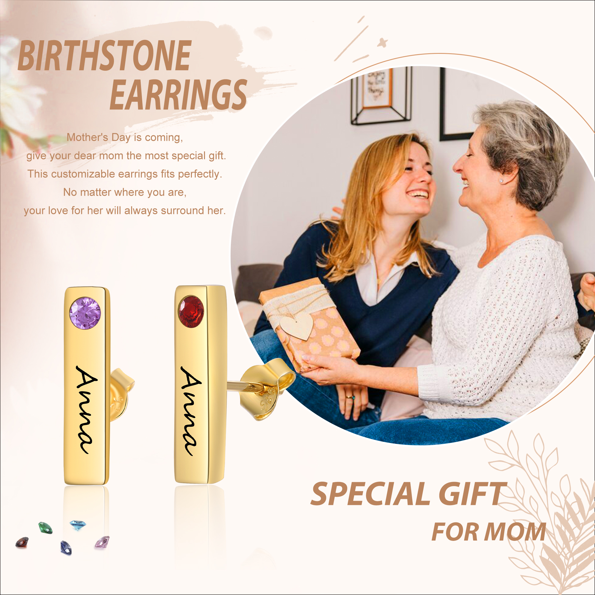 Personalised Bar Earrings Custom 2 Birthstones & 1 Text Earrings Gold Birthday Gift for Her-Jessemade AU