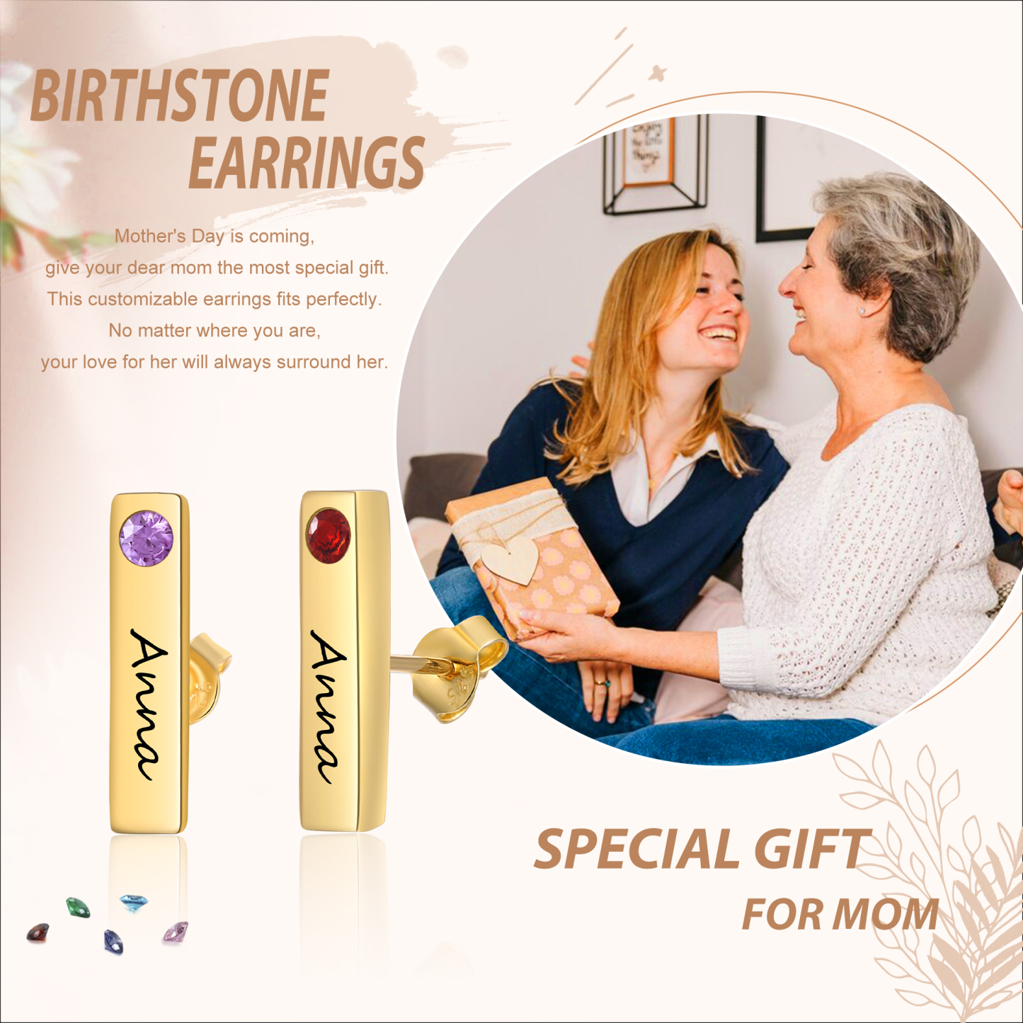 Personalised Bar Earrings Custom 2 Birthstones & 1 Text Earrings Gold Birthday Gift for Her-Jessemade AU