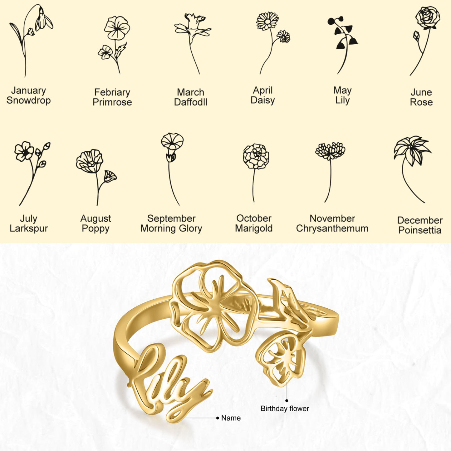 Personalised February Birth Flower Ring With Name Gifts For Her-Jessemade AU