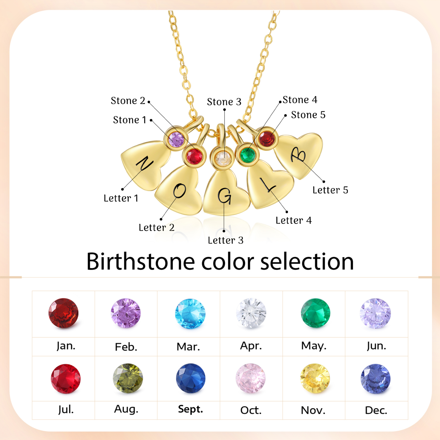 Personalised Heart Pendant Necklace Custom 5 Letters & 5 Birthstones Necklace Gifts for Her-Jessemade AU
