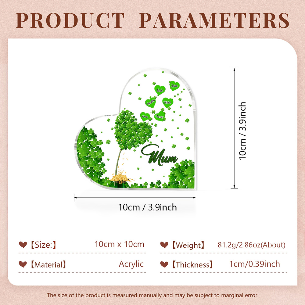 6 Names - Personalised Acrylic Heart Keepsake Custom Text Four-Leaf Clover Ornament Gift for Mother/Grandma-Jessemade AU
