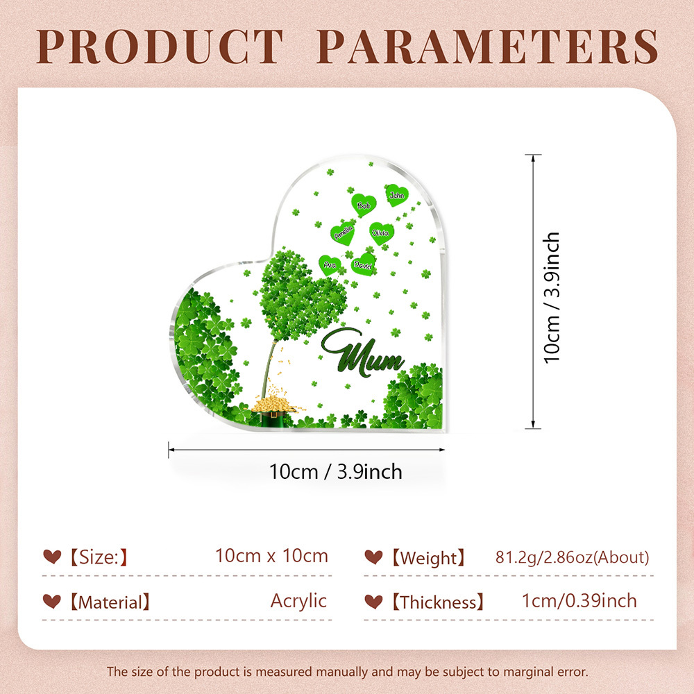 6 Names - Personalised Acrylic Heart Keepsake Custom Text Four-Leaf Clover Ornament Gift for Mother/Grandma-Jessemade AU