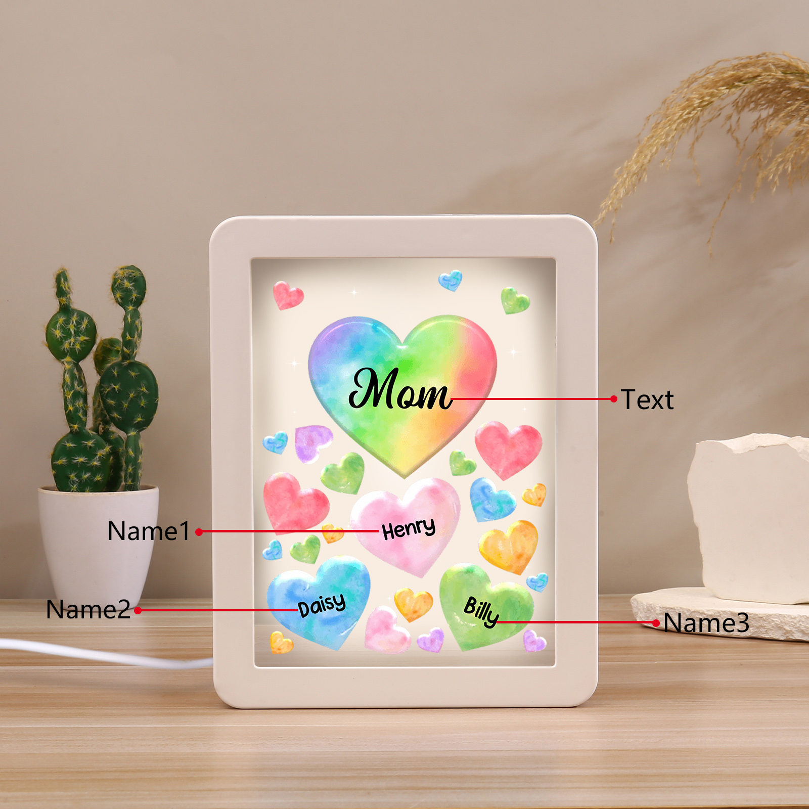 Personalised Night Light Mirror Frame Custom 1 Text & 3 Names Colourful Hearts Family LED Lamp Gift for Grandma/Mother-Jessemade AU