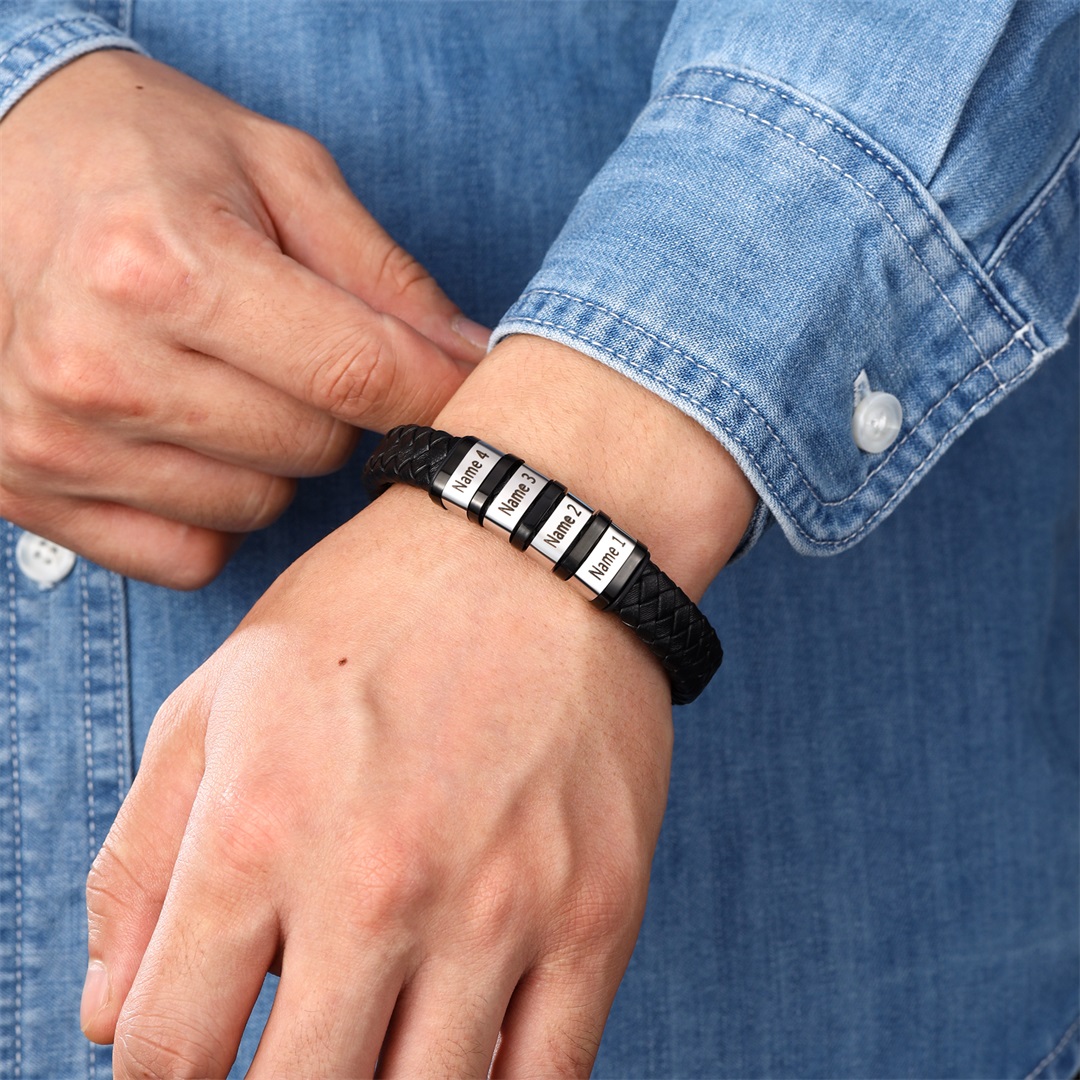 Men Leather Braided Bracelet Personalised with 4 Names 4 Beads Gift For Father's Day-Jessemade AU