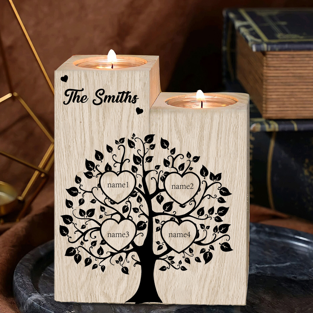 Family Name Wooden Heart Candle Holder Custom 4 Names Family Tree Candlesticks-Jessemade AU