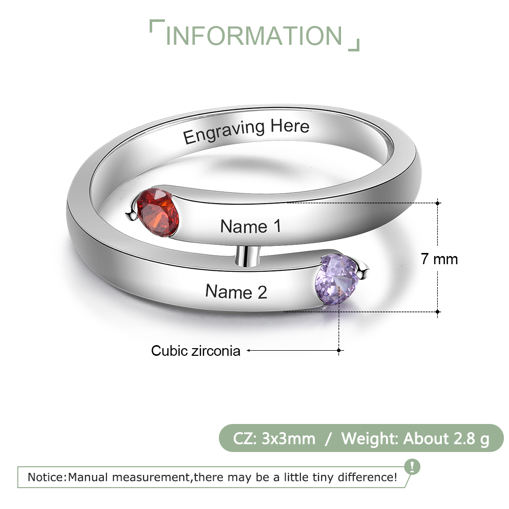 S925 Silver Ring Personalised 2 Birthstones Promise Ring With Names Gifts For Her-Jessemade AU