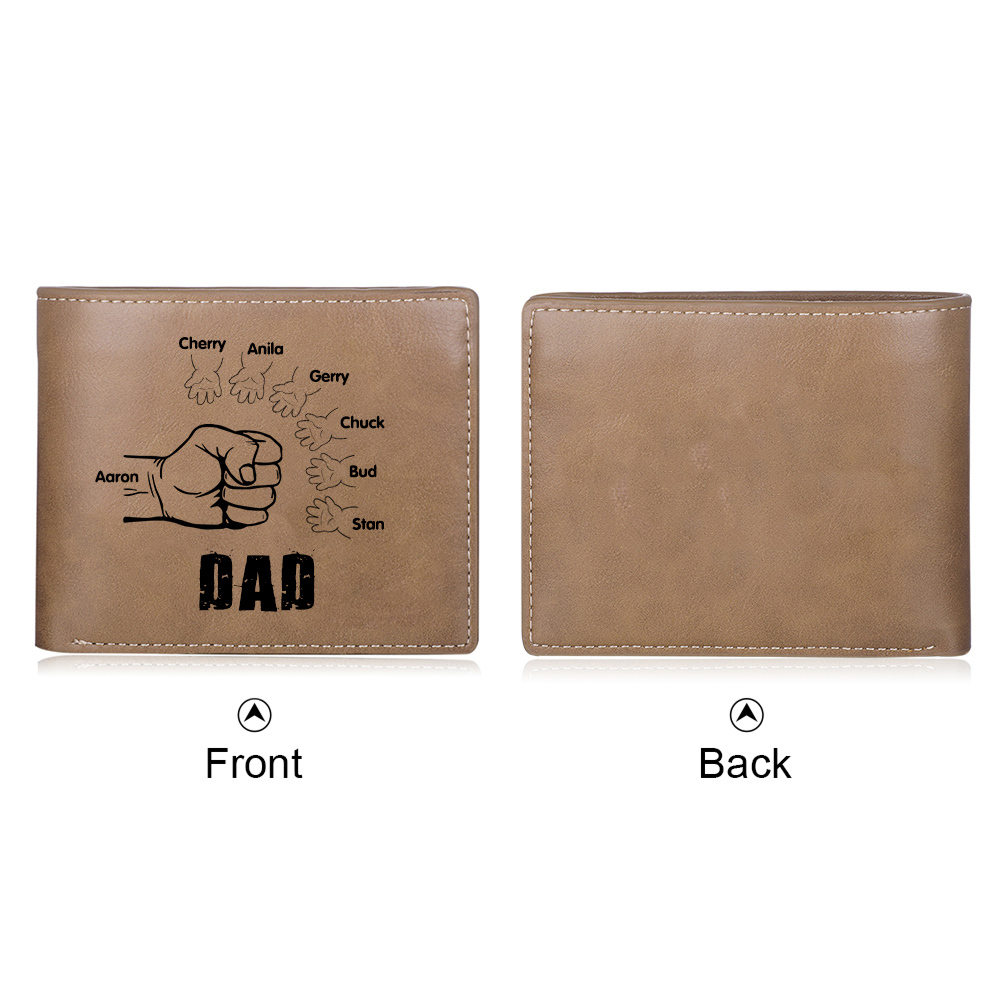 7 Names - Personalised Men Leather Wallet Engraved Names Brown Wallet Fist Bump Folding Wallet Gift For Dad-Jessemade AU