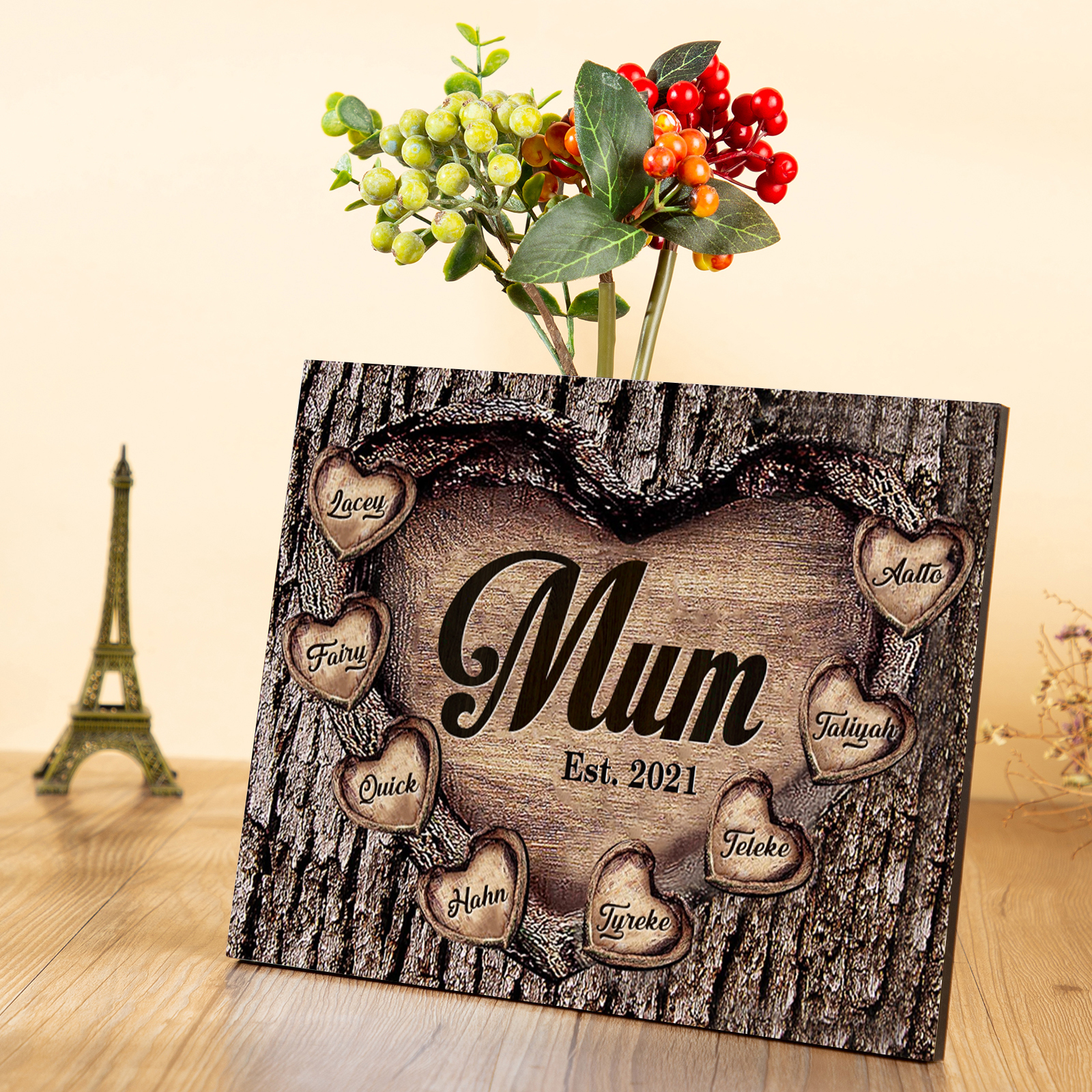 8 Names - Personalised Mum Wooden Plaque Custom Date & Names Home Decoration Hearts Gift for Mother-Jessemade AU