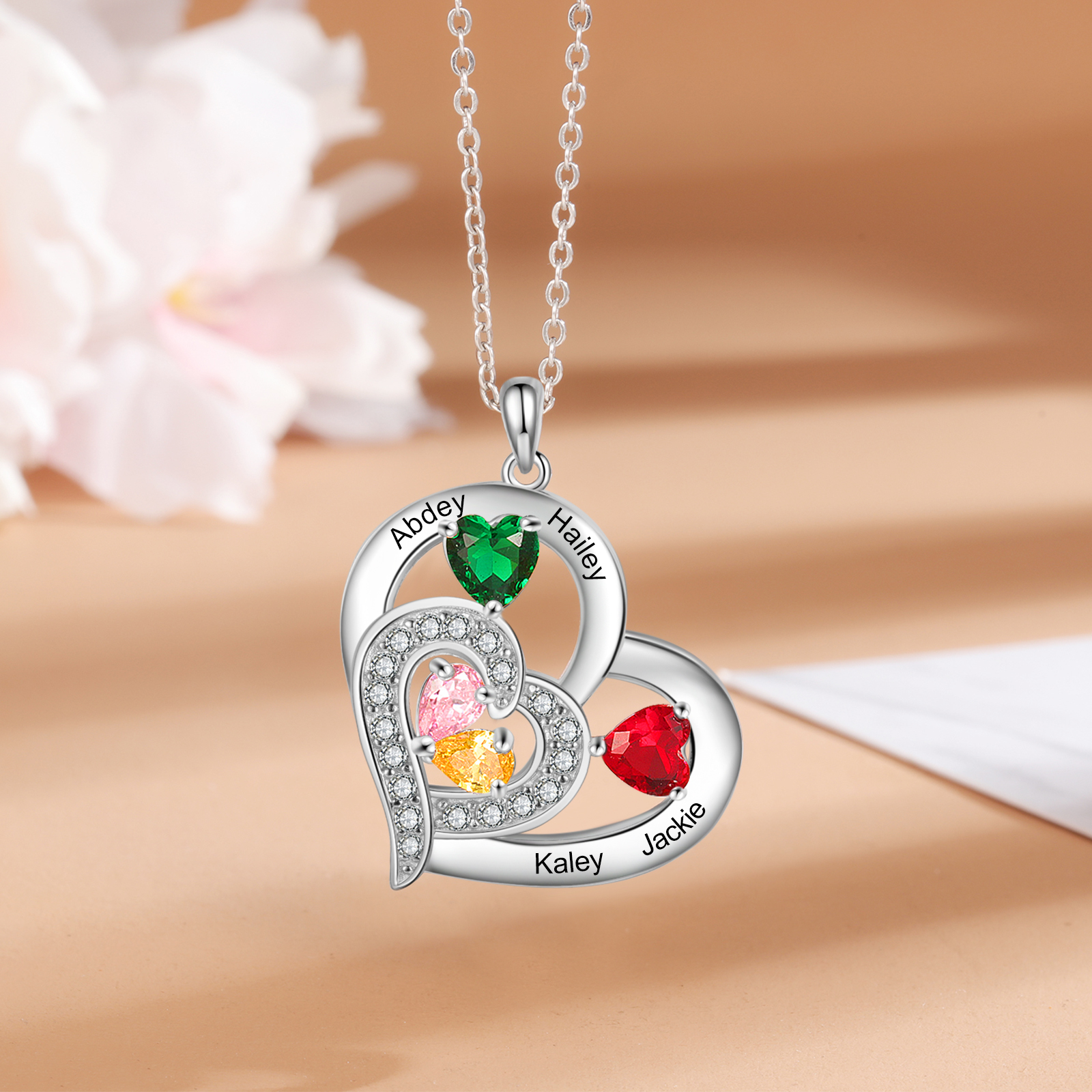 Personalised Heart Necklace With 4 Birthstones Engraved Names Gift For Her-Jessemade AU