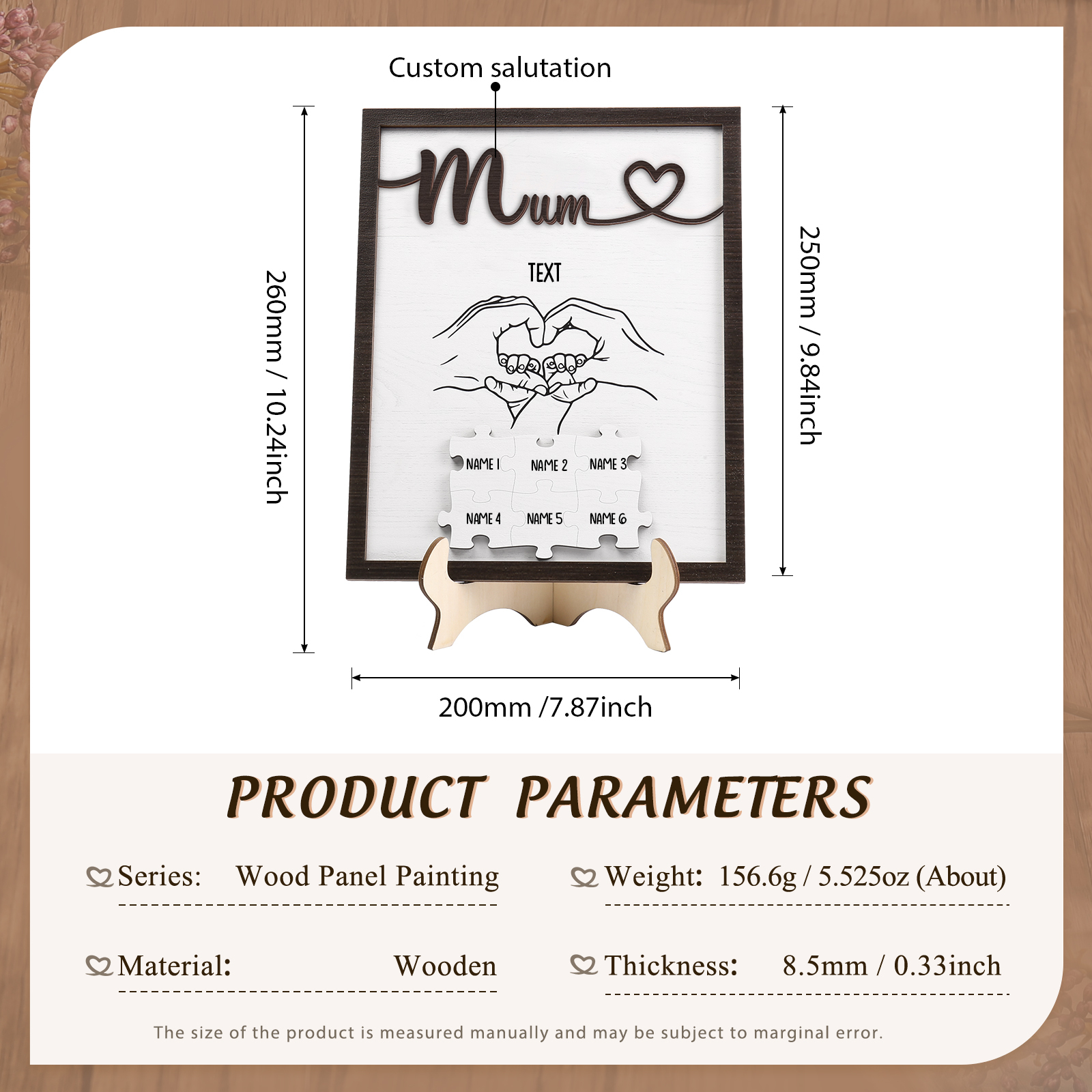 Personalised Puzzle Pieces Wooden Plaque Custom 6 Names & Text & Salutation Holding Hands Family Wooden Sign With Stand Gifts for Mum-Jessemade AU