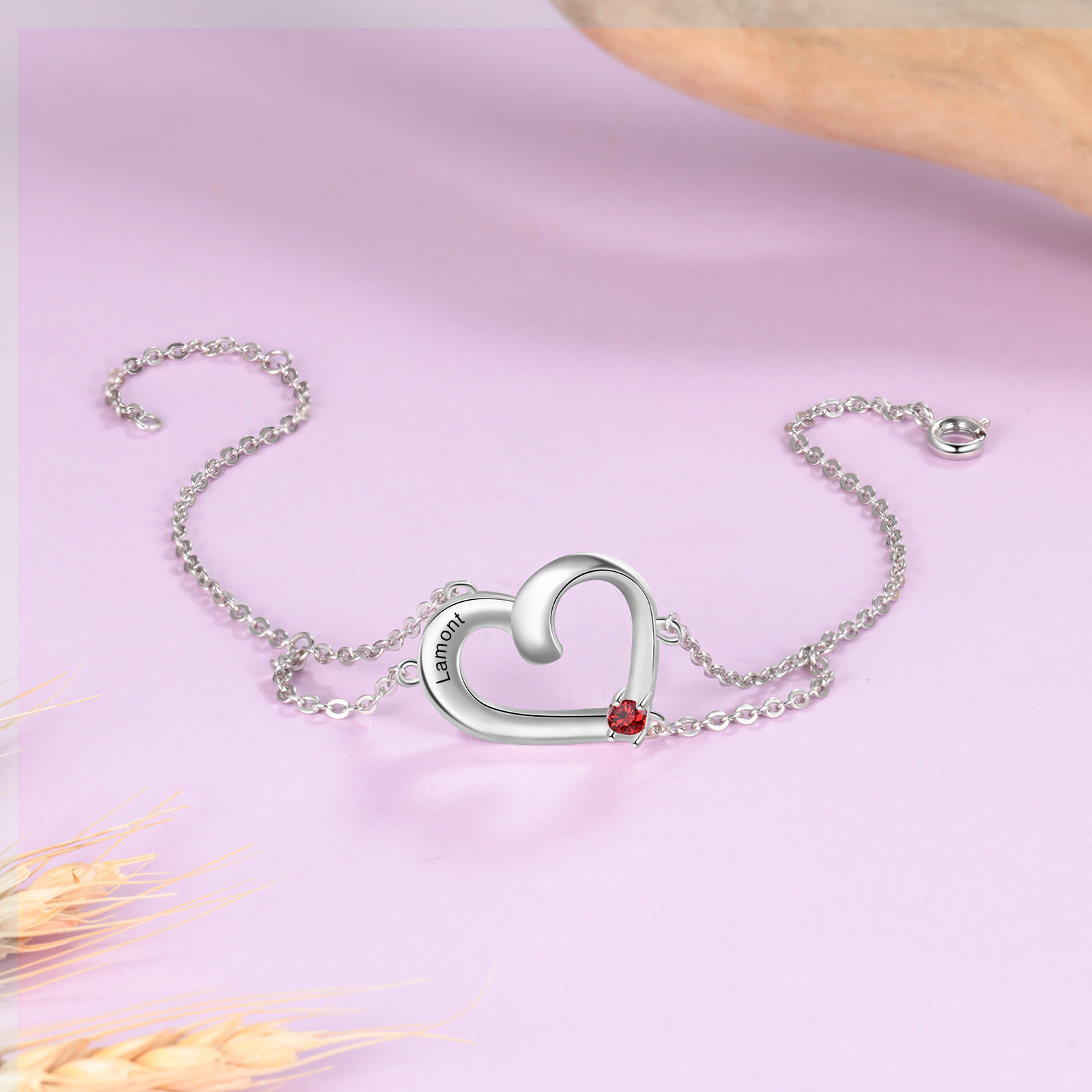 Personalised Heart Bracelet With 1 Birthstone Engraved Names Gift For Women-Jessemade AU