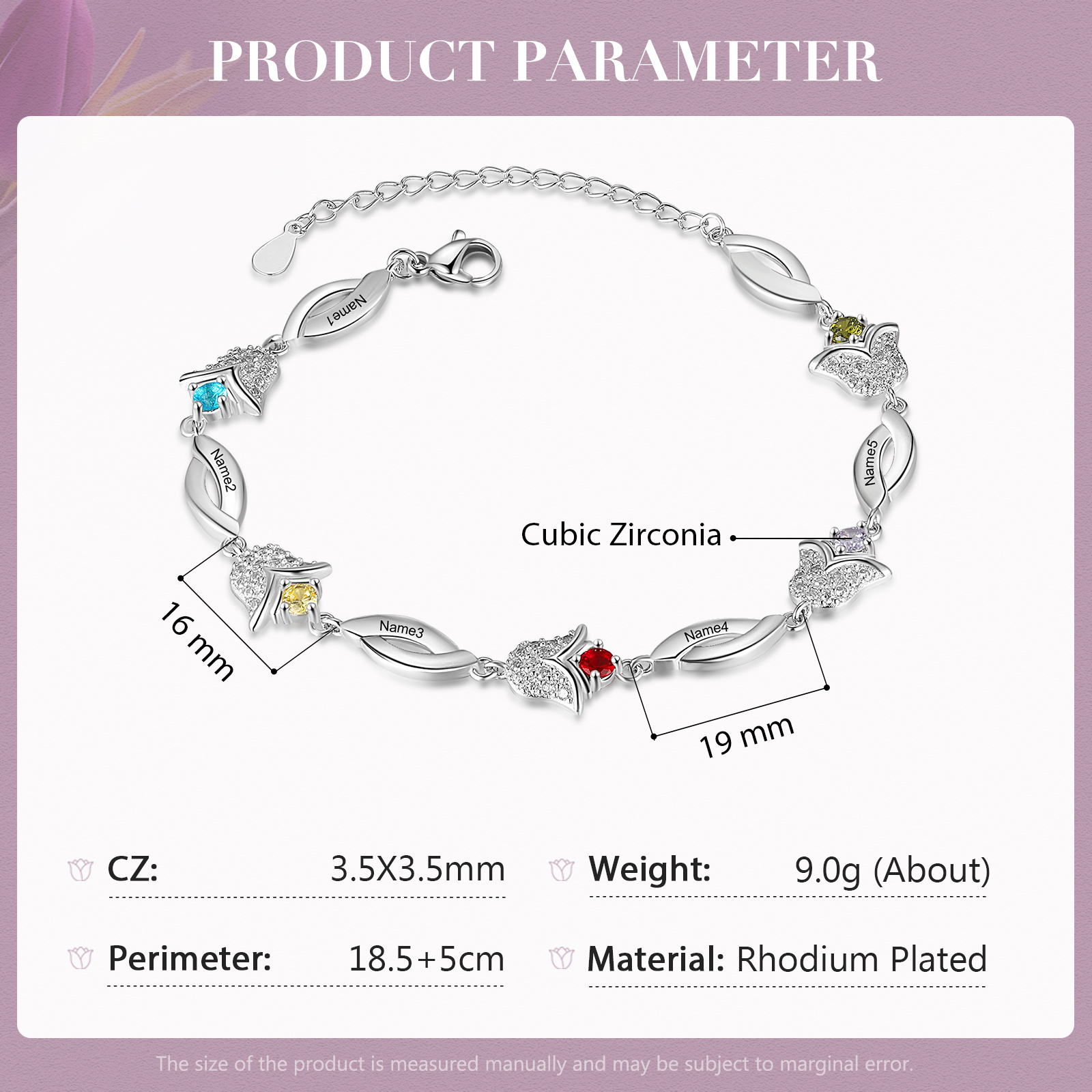 Flowers Series Personalised Tulip Bracelet With 5 Birthstone Engraved Names Flowers Charm Gifts For Her-Jessemade AU