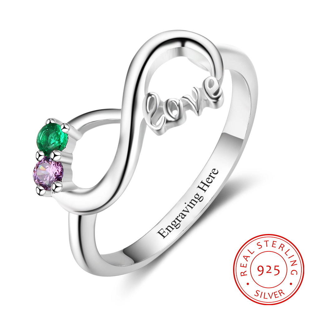 Personalised Infinity Sterling Silver 2 Birthstone Ring Engraved Names Ring Gifts for Her-Jessemade AU