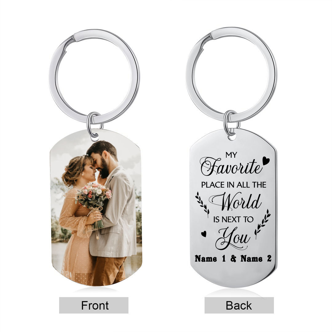 Couple Photo Keychain Customised 2 Names Keyring Valentine's Day Gifts - My Favourite Place in All The World is Next To You-Jessemade AU