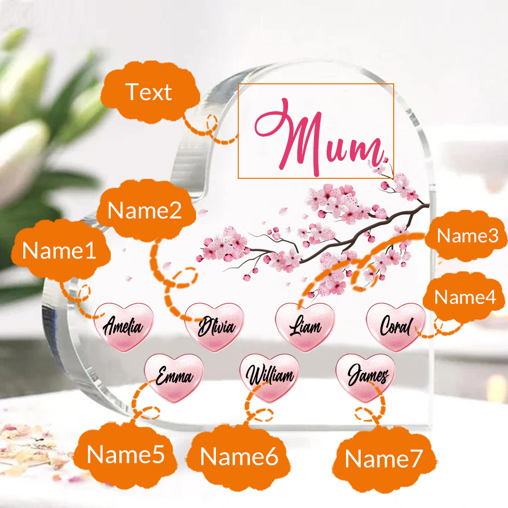 7 Names - Personalised Acrylic Heart Keepsake Custom Text Peach Blossom Ornaments Gifts for Grandma/Mother-Jessemade AU
