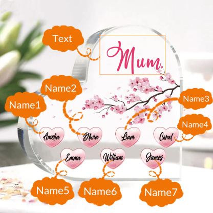 7 Names - Personalised Acrylic Heart Keepsake Custom Text Peach Blossom Ornaments Gifts for Grandma/Mother-Jessemade AU