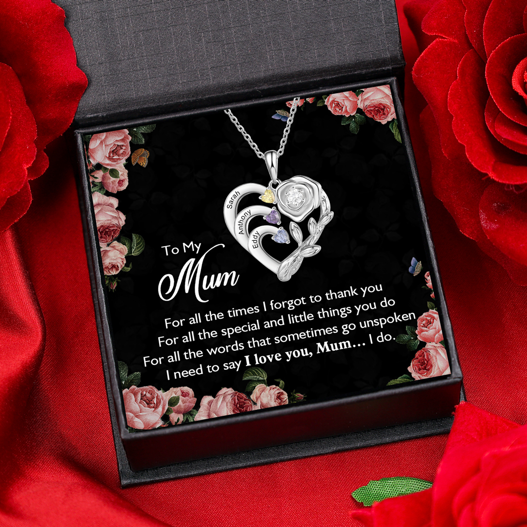 Personalised Rose Necklace with Birthstones Engraved 3 Names Intertwined Heart Pendant Necklace Gifts for Mother-Jessemade AU