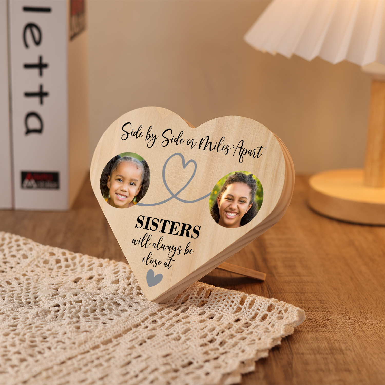 Sisters Will Always Close At Heart Personalised Photos Wooden Heart Keepsake Desktop Ornament-Jessemade AU