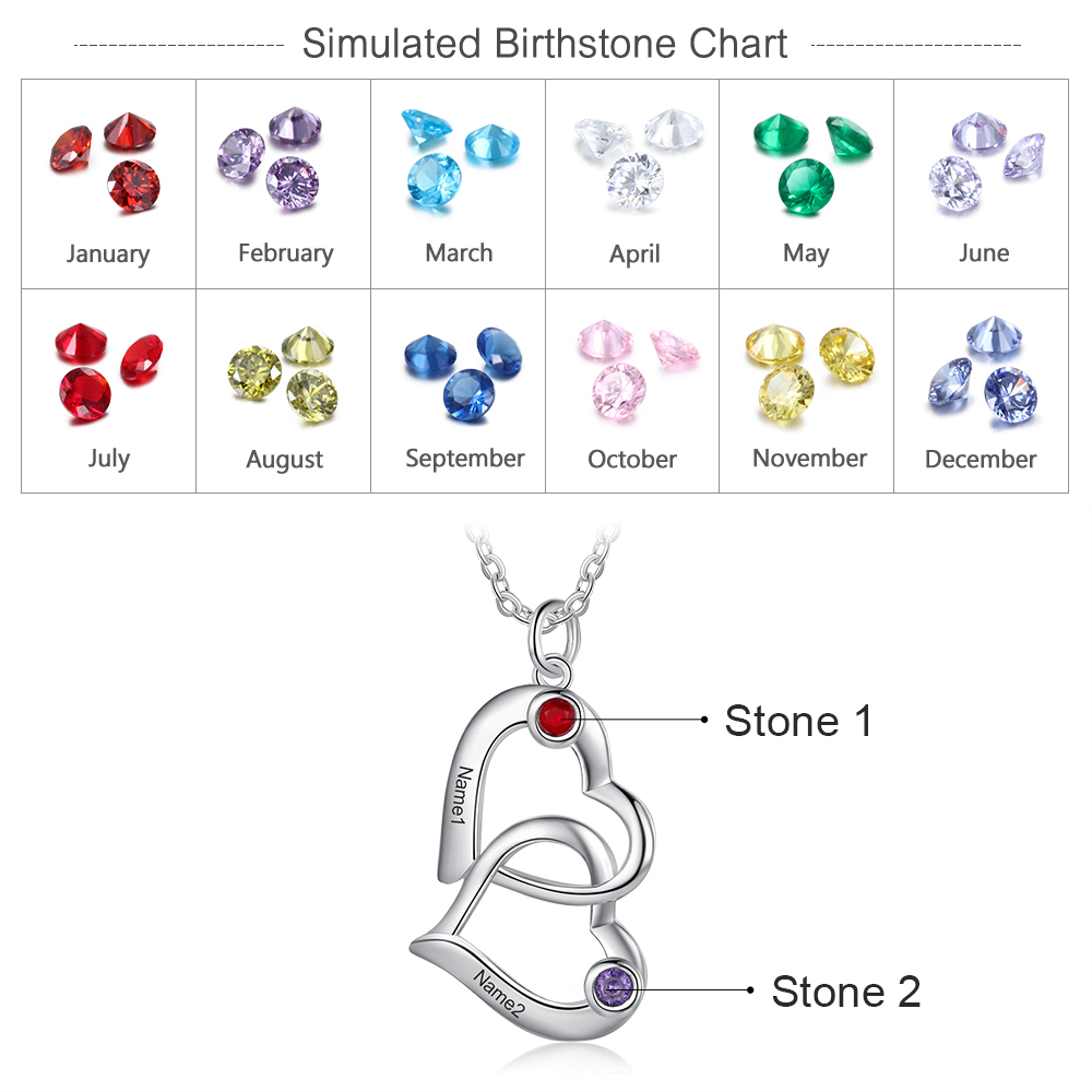 Personalised Heart Necklace With 2 Birthstones Engraved 2 Names Mother Necklace Gifts for Her-Jessemade AU