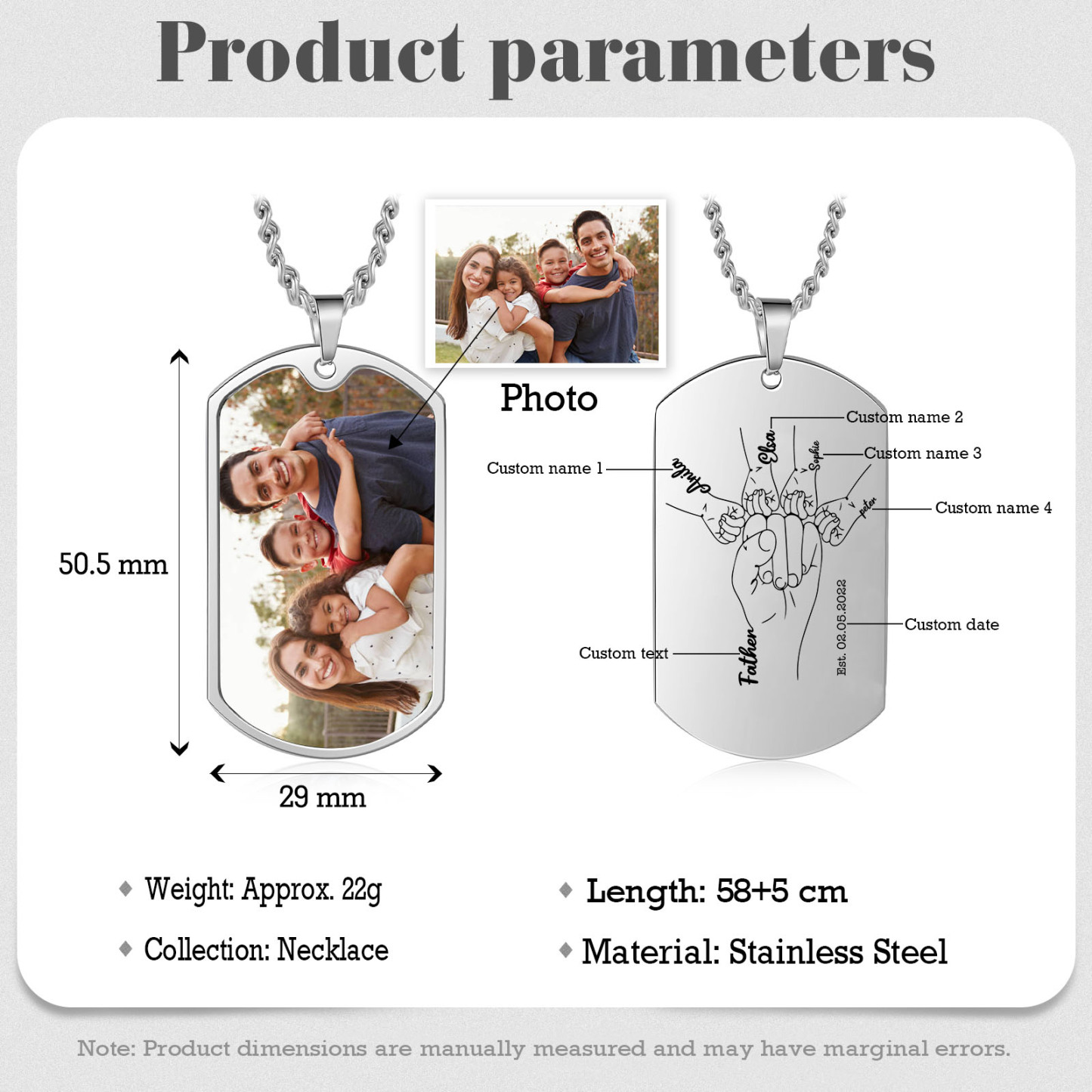 Custom Fist Bump Family Necklace with 4 Kids' Names Personalised Photo Dog Tag Necklace Father's Day Gifts-Jessemade AU