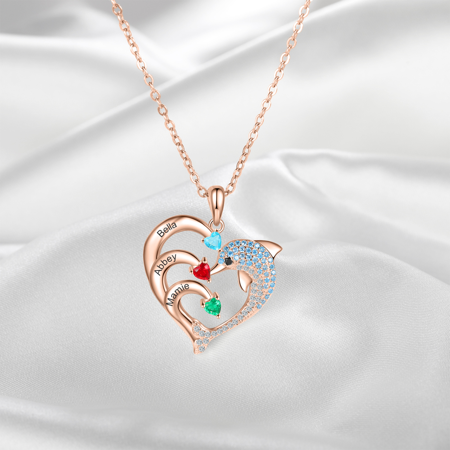 Personalised Heart Dolphin Necklace With 3 Birthstones Engraved Names Gift For Her-Jessemade AU