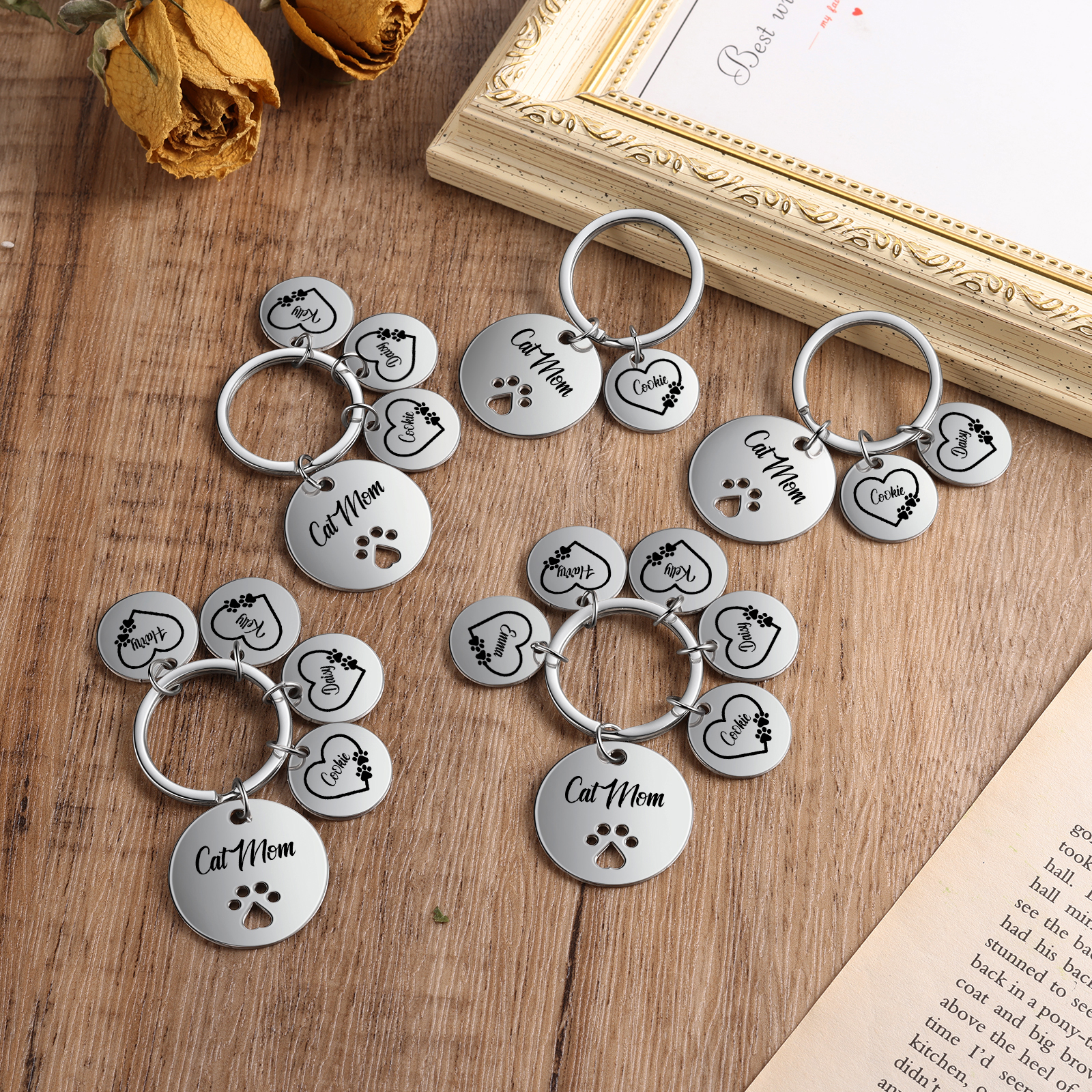 Personalised 1 Name & 1 Text Keychain Cat Paw Circle Charm Keychain Gift for Mother/Grandma-Jessemade AU