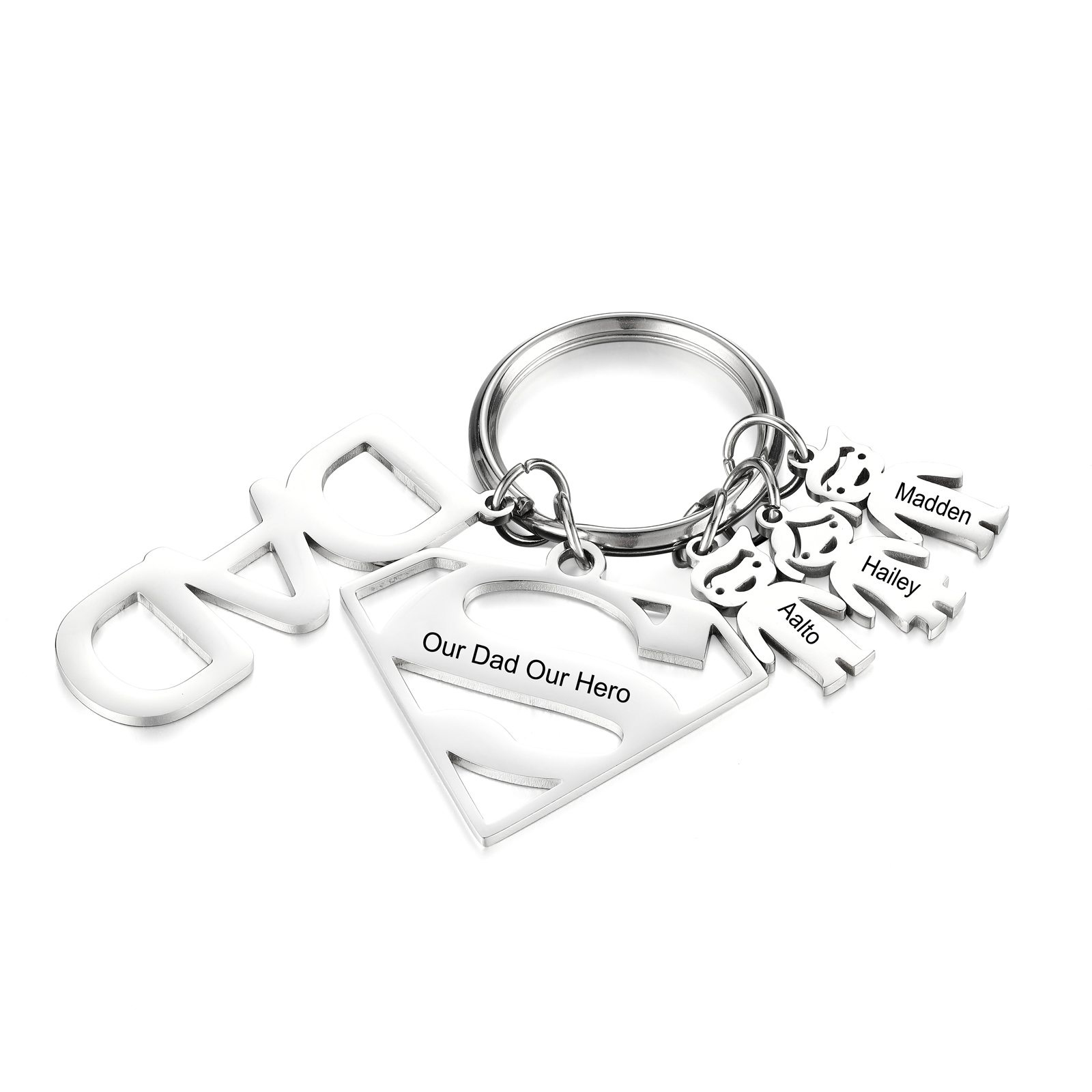 Father's Day Gift Personalised 3 Kids Charms Keychain with Superman Sign