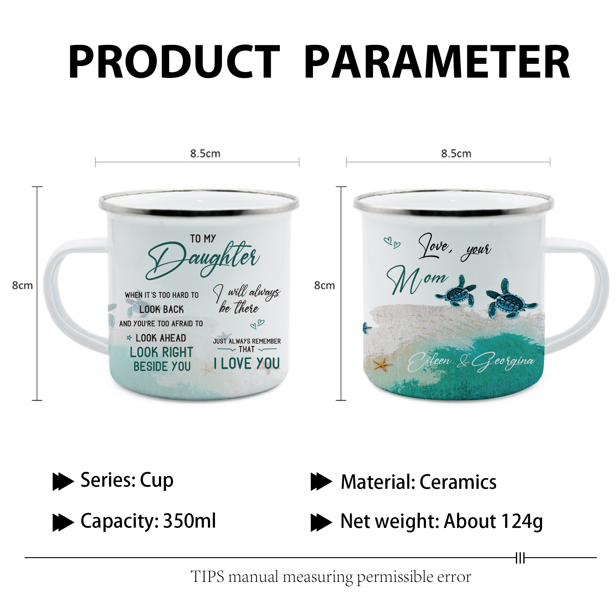 To My Daughter Sea Turtle Enamel Mug Customised 2 Names Cup Mom to Daughter Personalised Gift - Just Always Remember That I Love You-Jessemade AU
