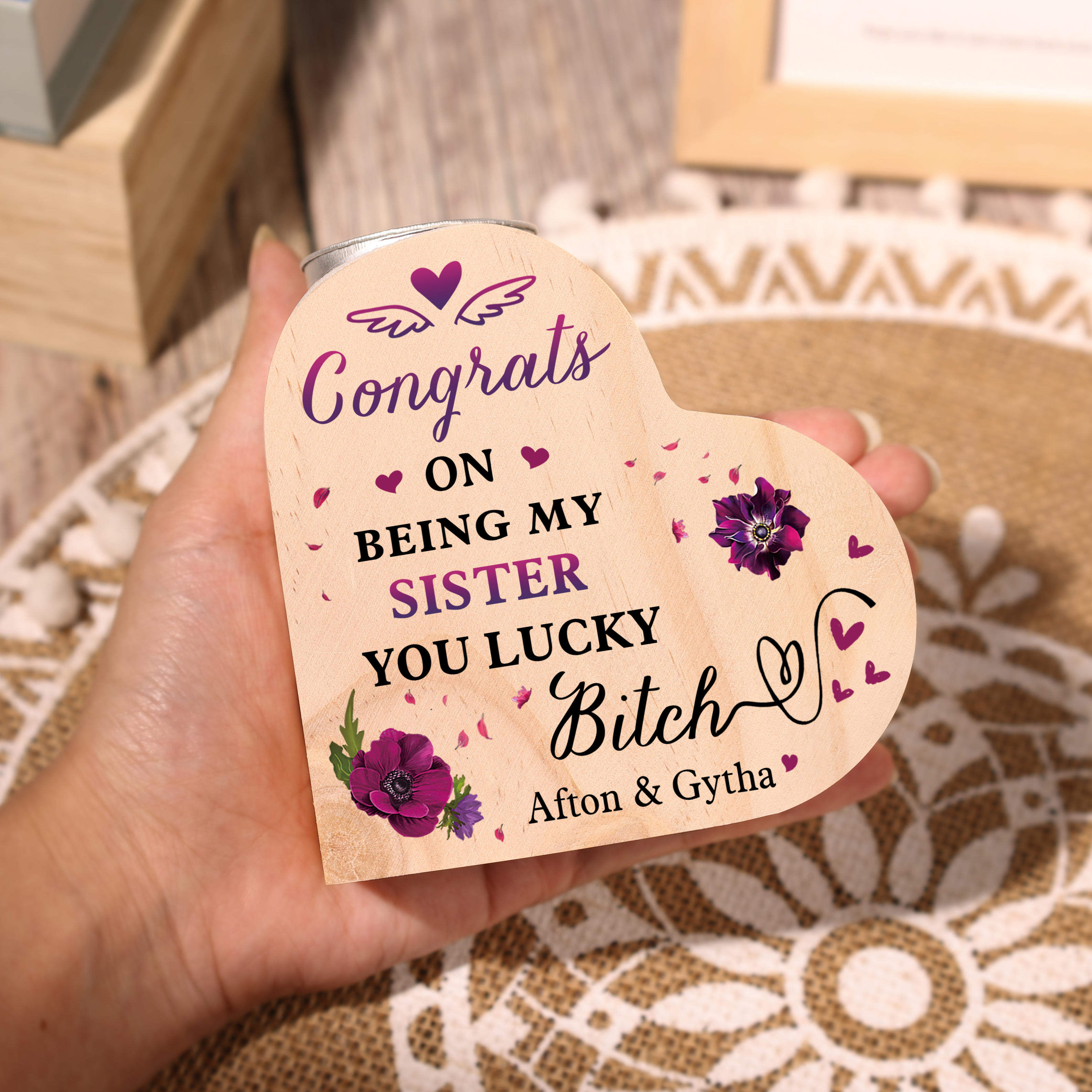 Personalised Heart Candle Holder Customised 2 Names Violet Wooden Candlestick "Congrats On Being My Sister" Funny Gift for Friend-Jessemade AU