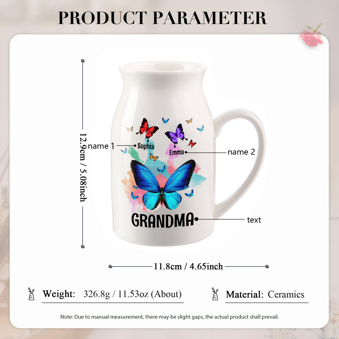 Personalised Ceramic Flower Vase Custom 2–8 Names & 1 Text Colourful Butterfly Vase Gift for Mother/Grandma-Jessemade AU