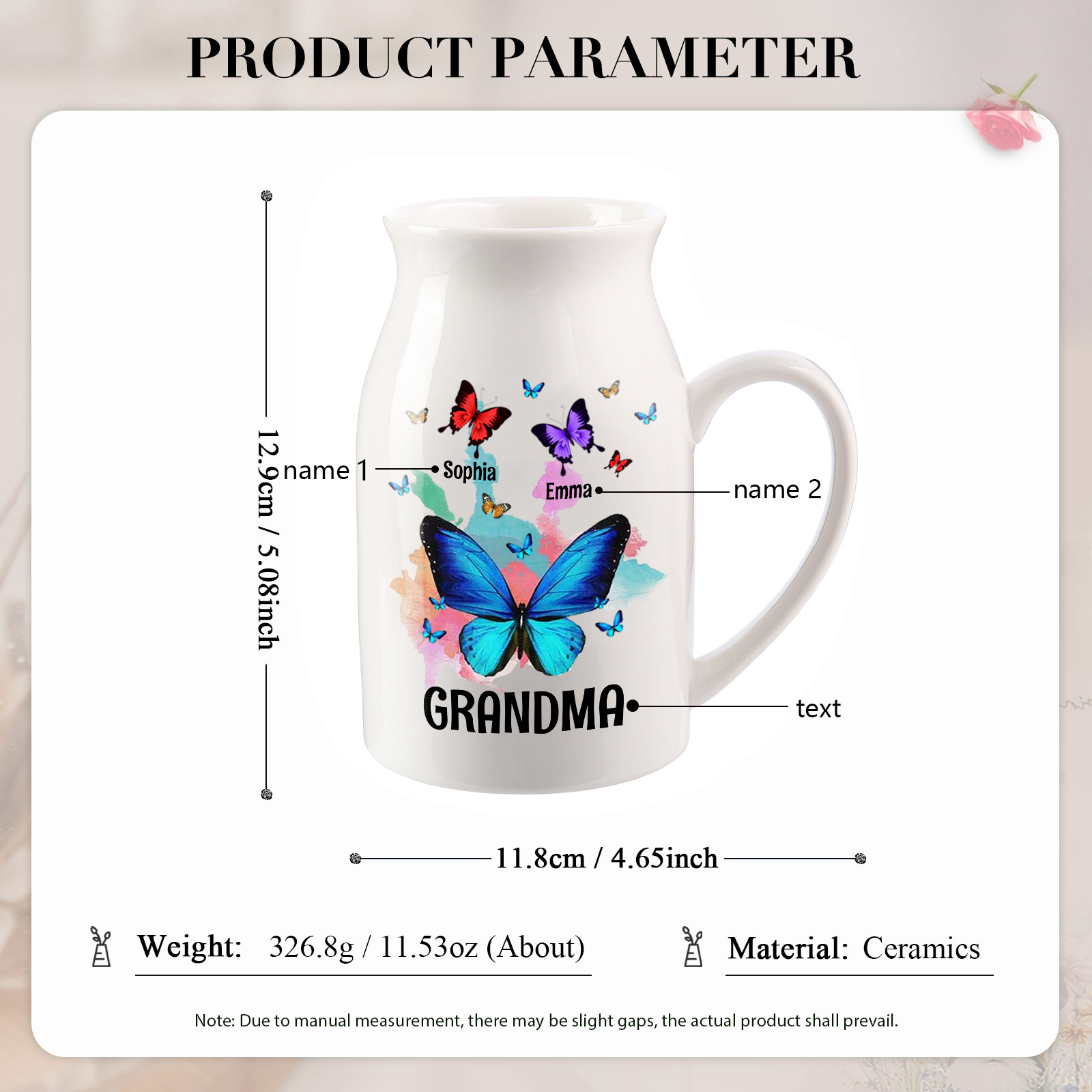 Personalised Ceramic Flower Vase Custom 2–8 Names & 1 Text Colourful Butterfly Vase Gift for Mother/Grandma-Jessemade AU