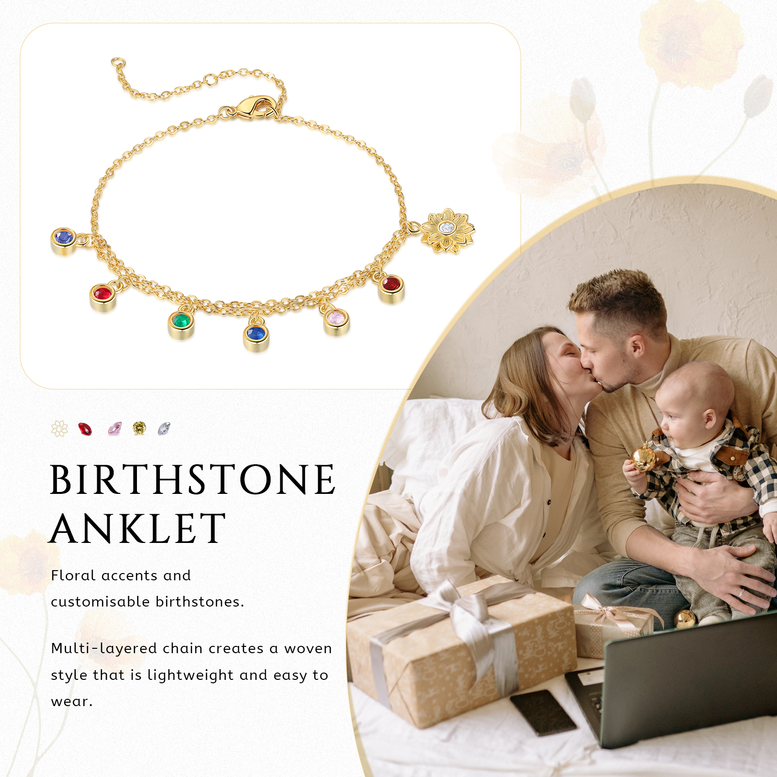 Personalised Women's Anklet Custom 6 Birthstones Anklet Gold Adjustable Anklet Birthday Gift for Her-Jessemade AU