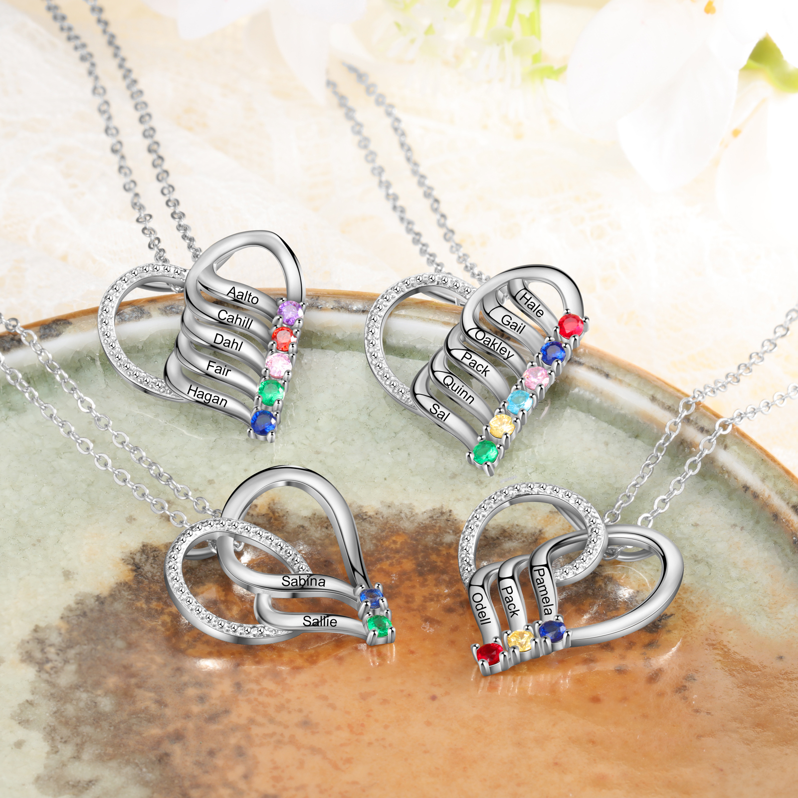 3 Names - Personalised Heart Pendant Necklace Custom Names & Birthstones Necklace Gifts for Mother-Jessemade AU