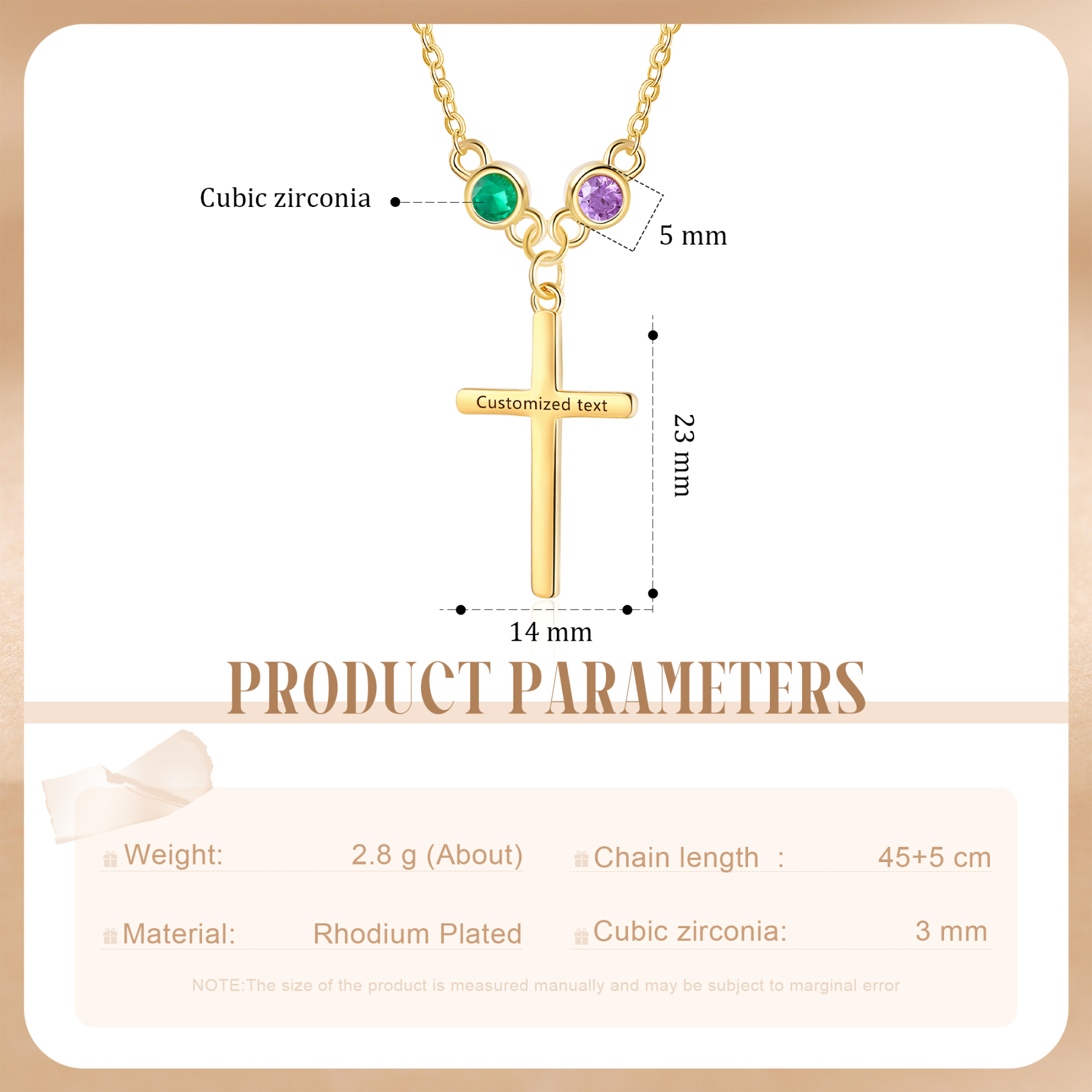Personalised Cross Pendant Necklace Custom 2 Birthstones & 1 Text Necklace Birthday Gift for Her-Jessemade AU