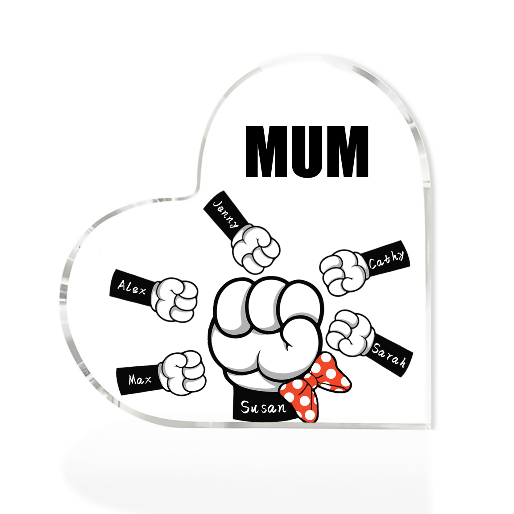 6 Names - Personalised Acrylic Heart Keepsake Custom Name & Text Fist Bump Ornaments Gifts for Family-Jessemade AU