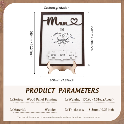 Personalised Puzzle Pieces Wooden Plaque Custom 3 Names & Text & Salutation Holding Hands Family Wooden Sign With Stand Gifts for Mum-Jessemade AU