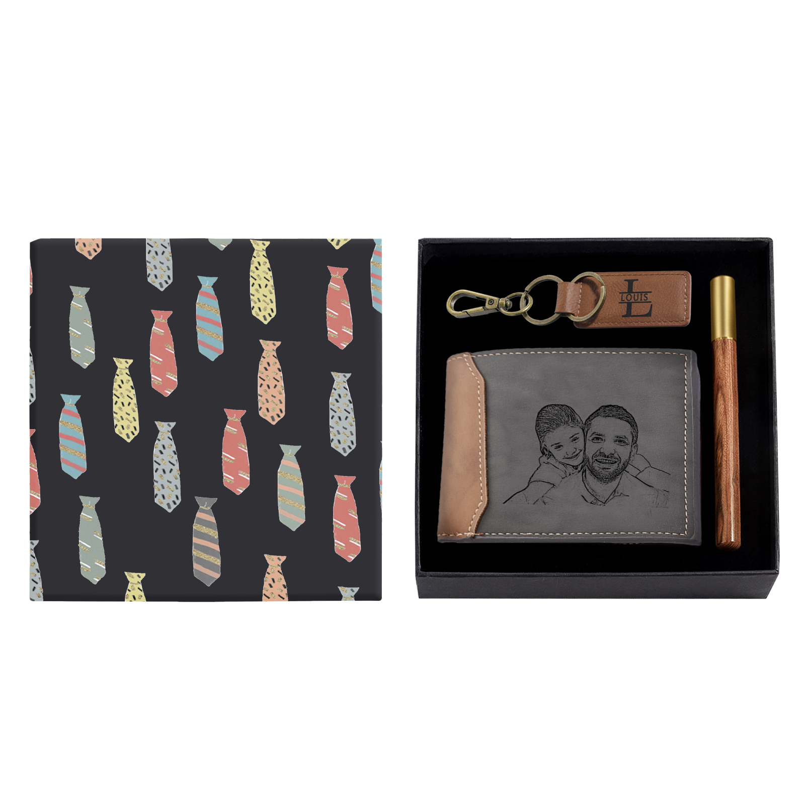 Personalised Photo & Name & Letter & Text & Calendar Gift Set Custom Wallet & Keychain & Pen Gift Box Set Father’s Day Gift for Him-Jessemade AU