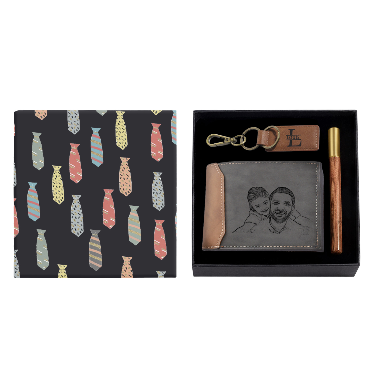 Personalised Photo & Name & Letter & Text & Calendar Gift Set Custom Wallet & Keychain & Pen Gift Box Set Father’s Day Gift for Him-Jessemade AU