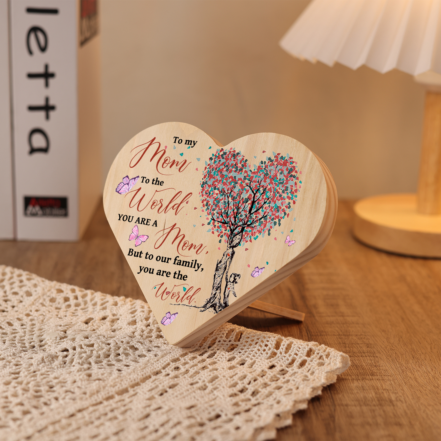 To My Mom Wooden Flowers Heart Keepsake Desktop Ornament -To our family, You are the world-Jessemade AU