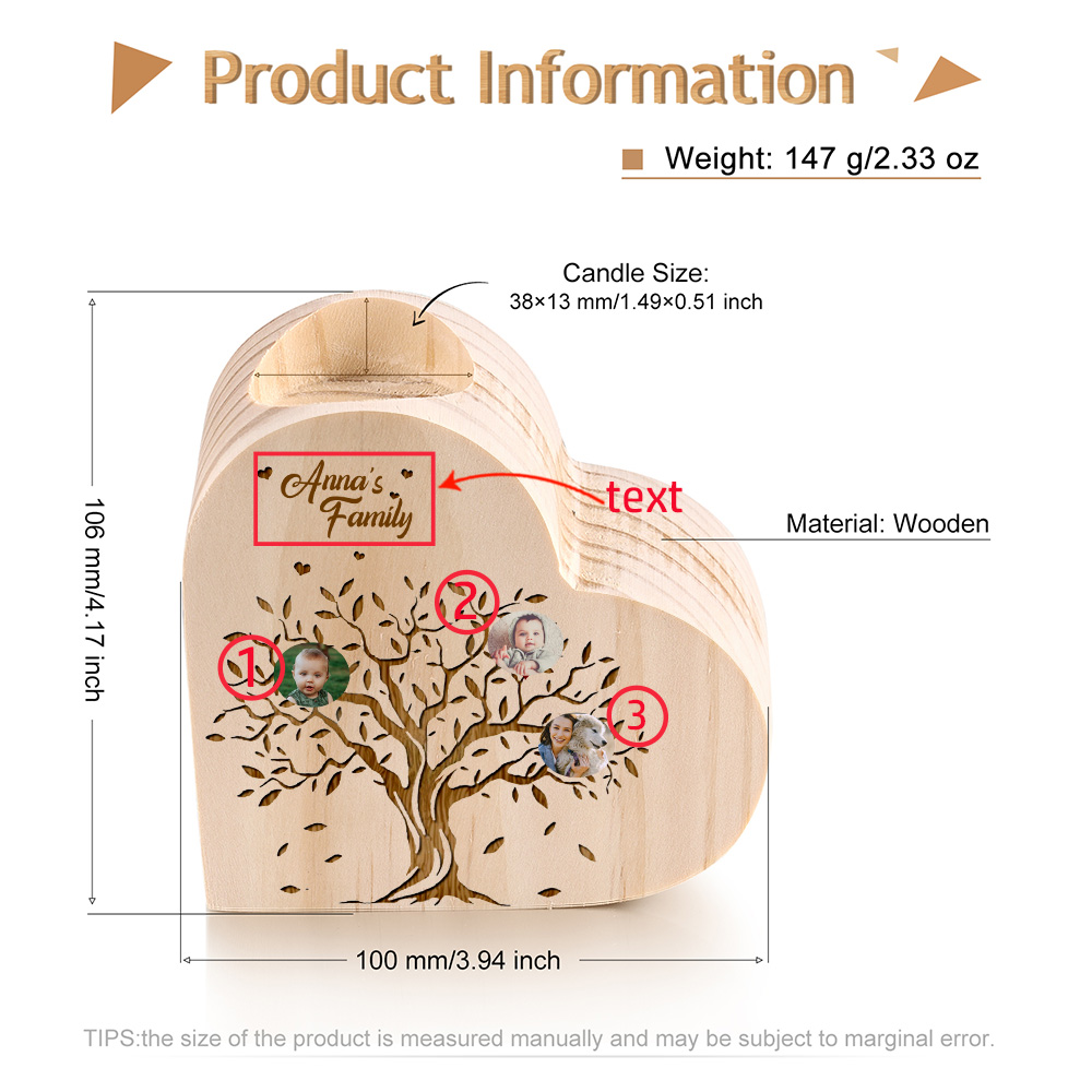 Family Photo Wooden Heart Candle Holder Custom 3 Photos Family Tree Candlesticks-Jessemade AU