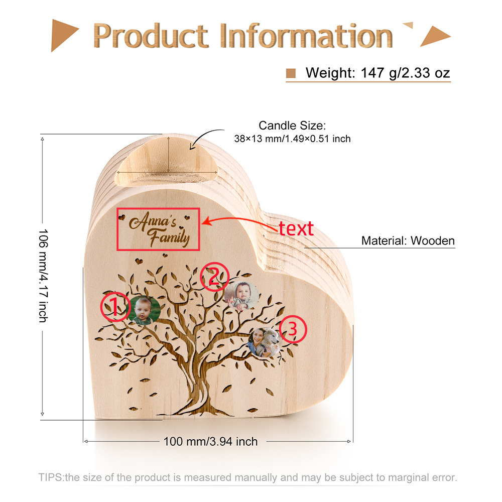 Family Photo Wooden Heart Candle Holder Custom 3 Photos Family Tree Candlesticks-Jessemade AU