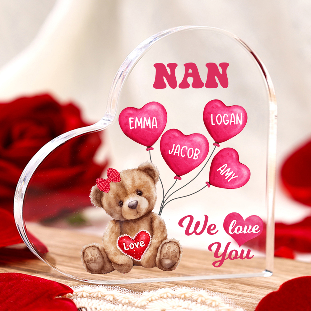 4 Names - Personalised Acrylic Heart Keepsake Custom Text Bear Balloon Family Ornament Gifts for Mother/Grandma-Jessemade AU