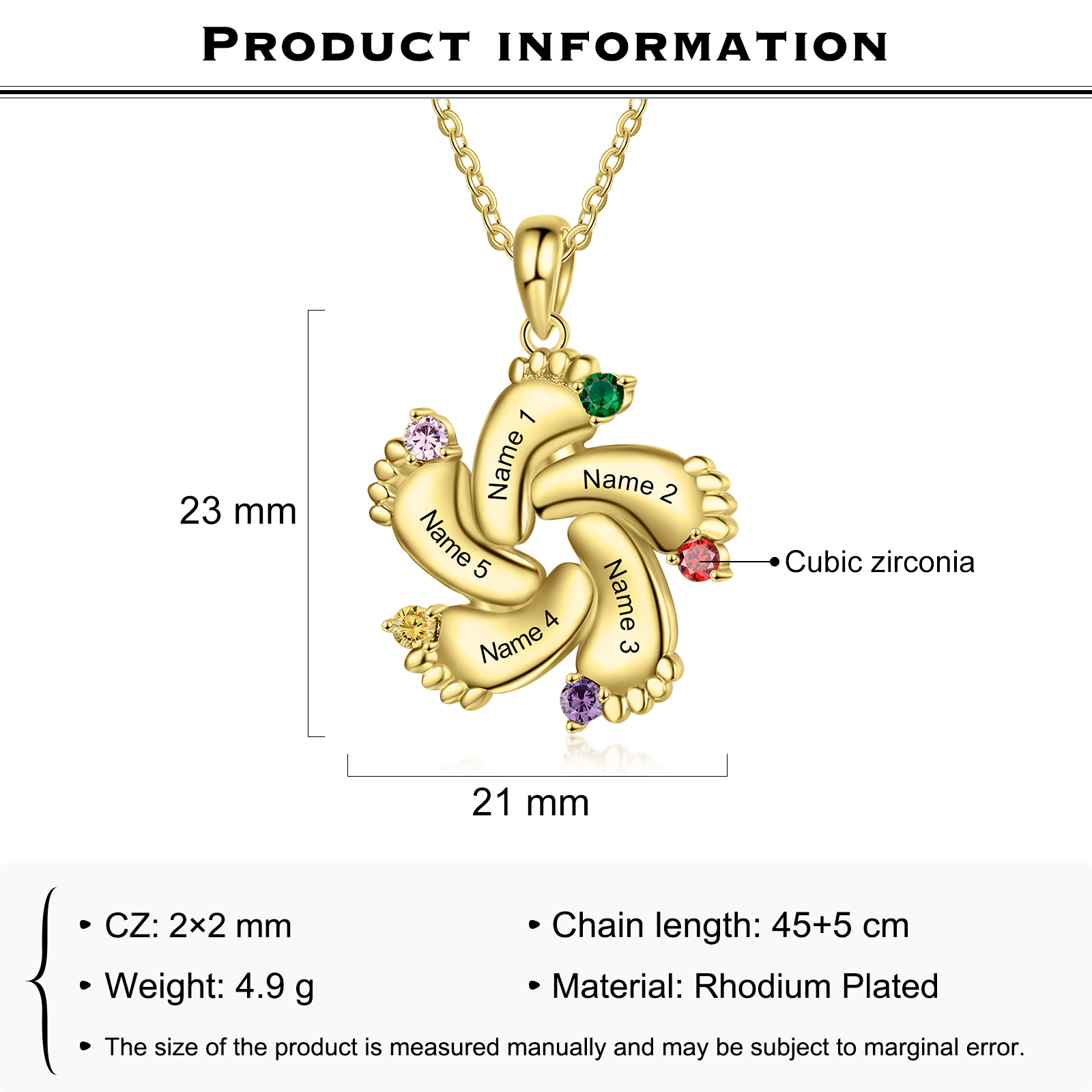 Personalised Baby Feet Necklace With 5 Birthstones Engraved Names Gift For Mother-Jessemade AU