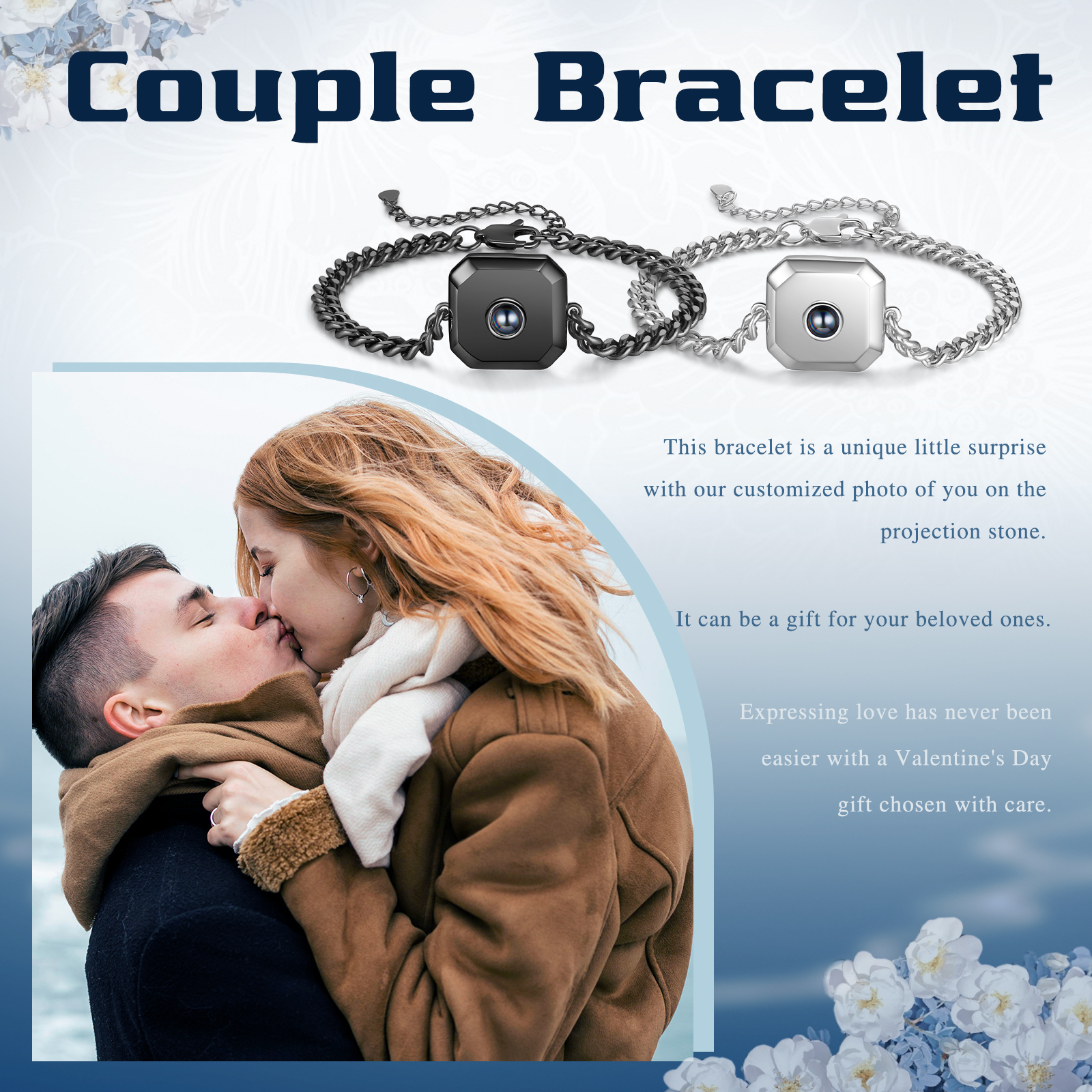 2 PCS Personalised Couple Projection Bracelet Custom 1 Photo Bracelet Adjustable Bracelet Romantic Gift For Her/Him-Jessemade AU