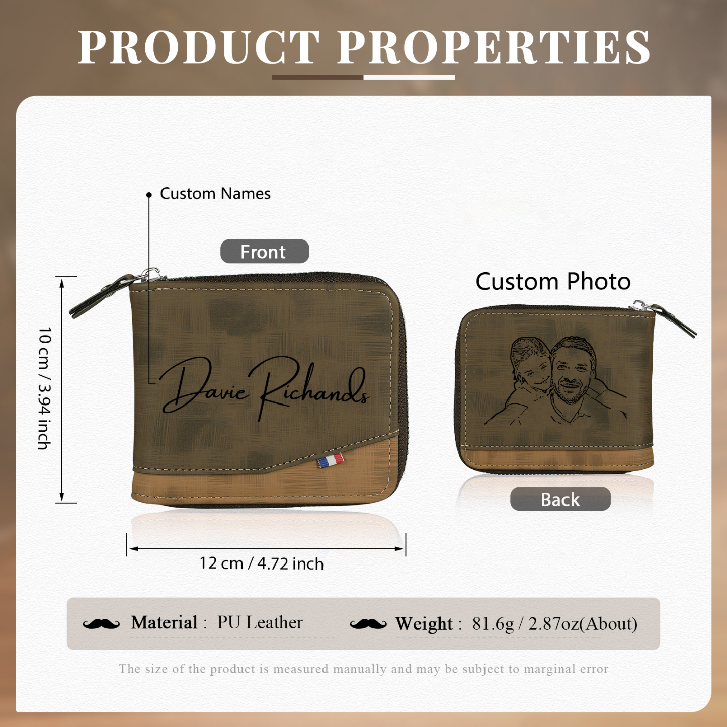 Personalised Photo & Text Billfold Wallet Custom Men's Leather Wallet Zipper Gifts for Him-Jessemade AU