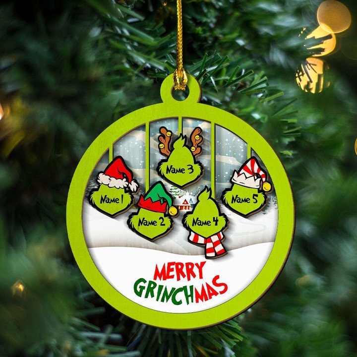 Merry Grinchmas Family Ornament Custom 5 Names Wooden Ornament-Jessemade AU