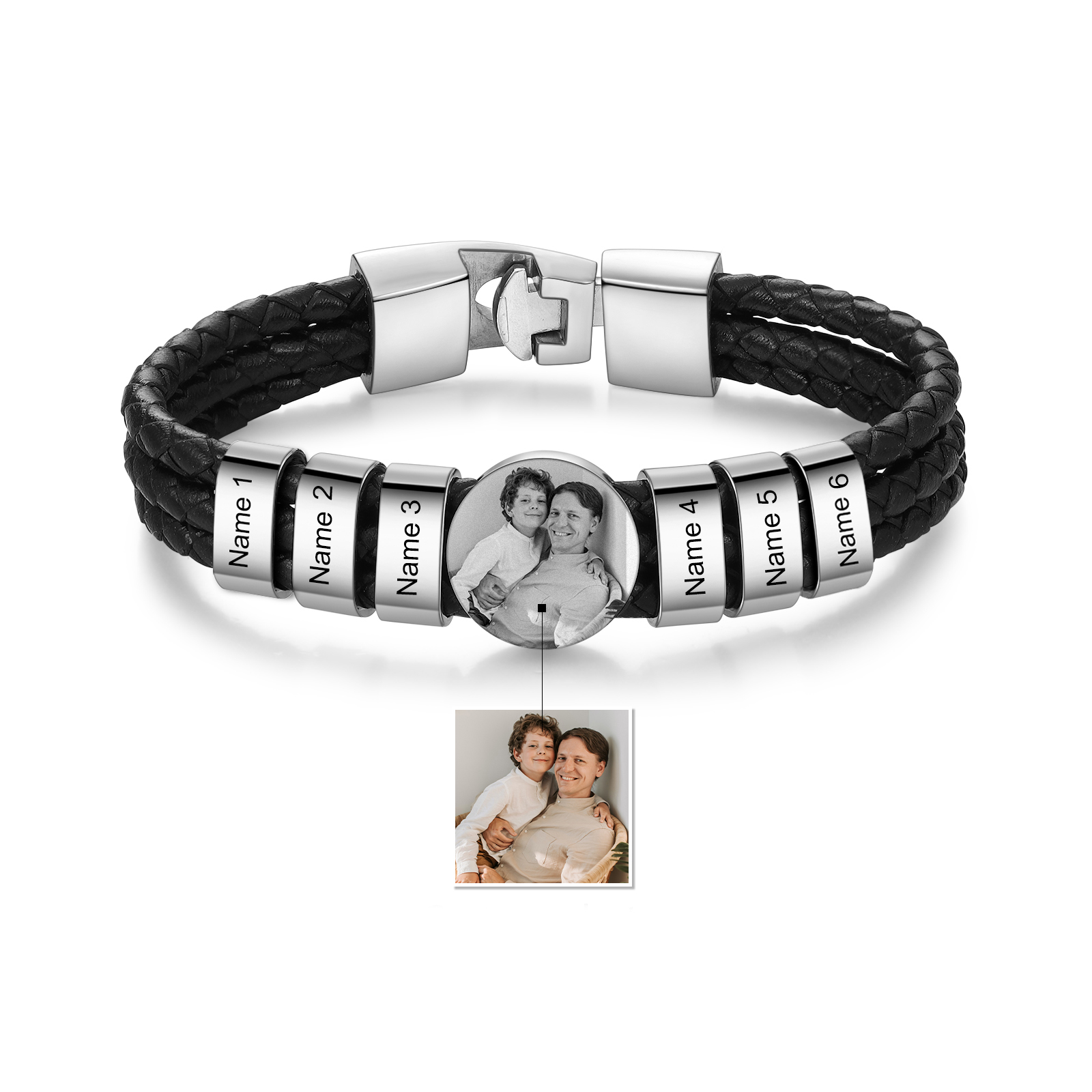 Personalised Men's Leather Bracelet Custom 6 Names & 1 Photo Braided Bracelet Father's Day Gifts for Him-Jessemade AU